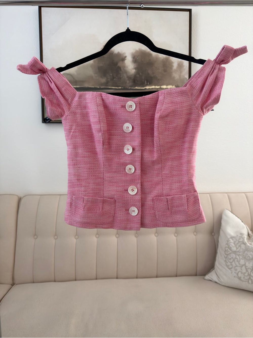 bebe Pink Off-Shoulder Button Front Tweed Crop Top